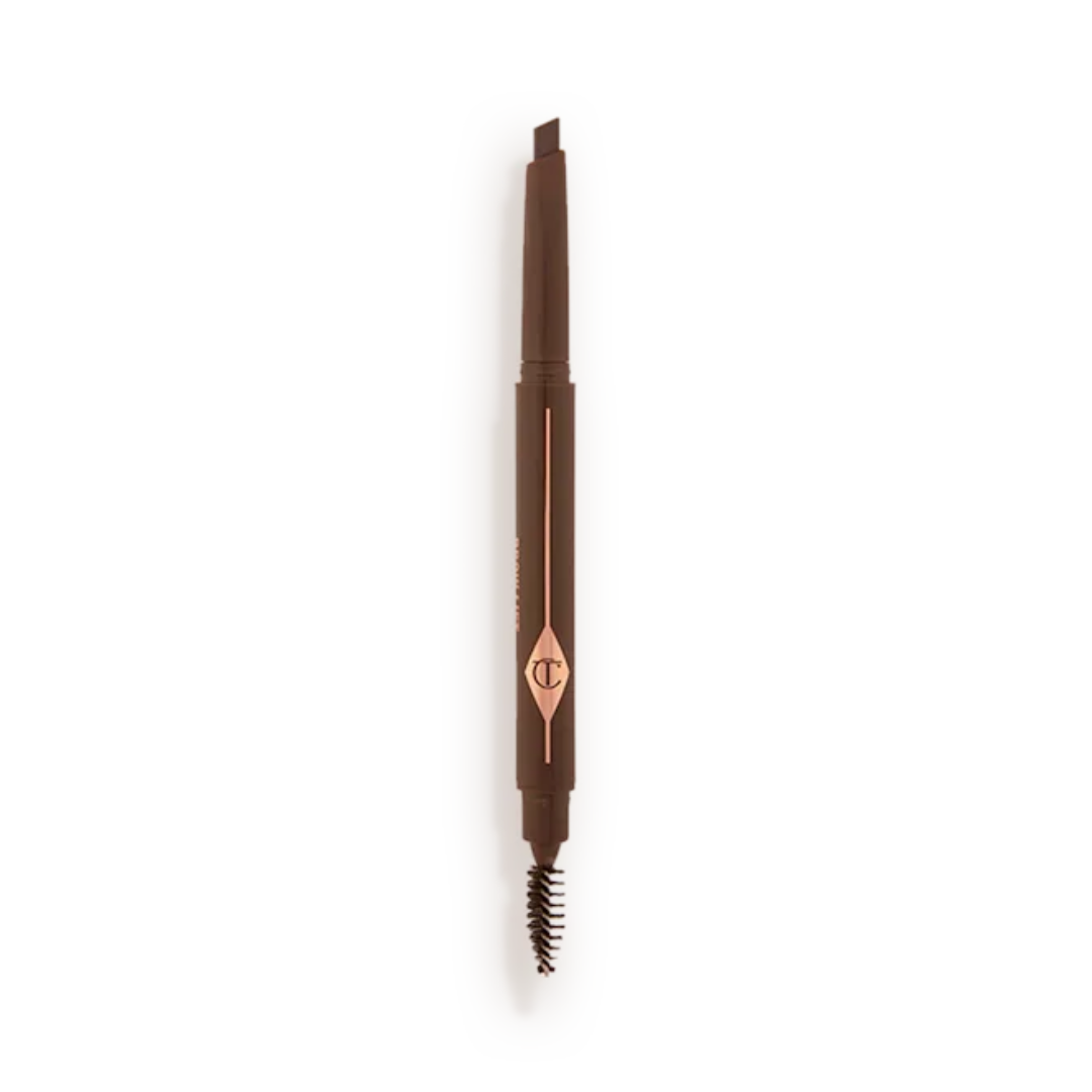 Brown eyebrow pencil with a brand logo on a white background