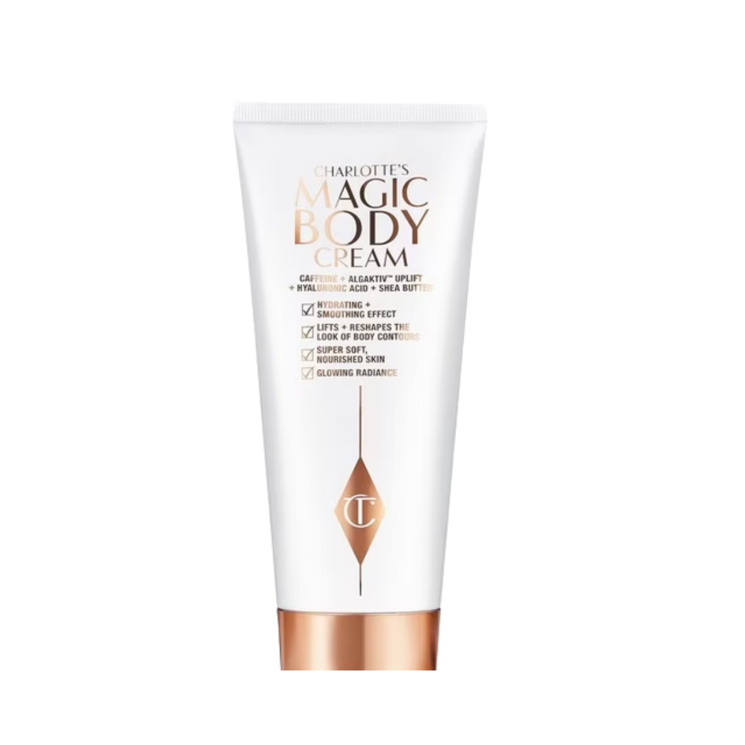 White tube of Charlotte's Magic Body Cream with gold text on a white background