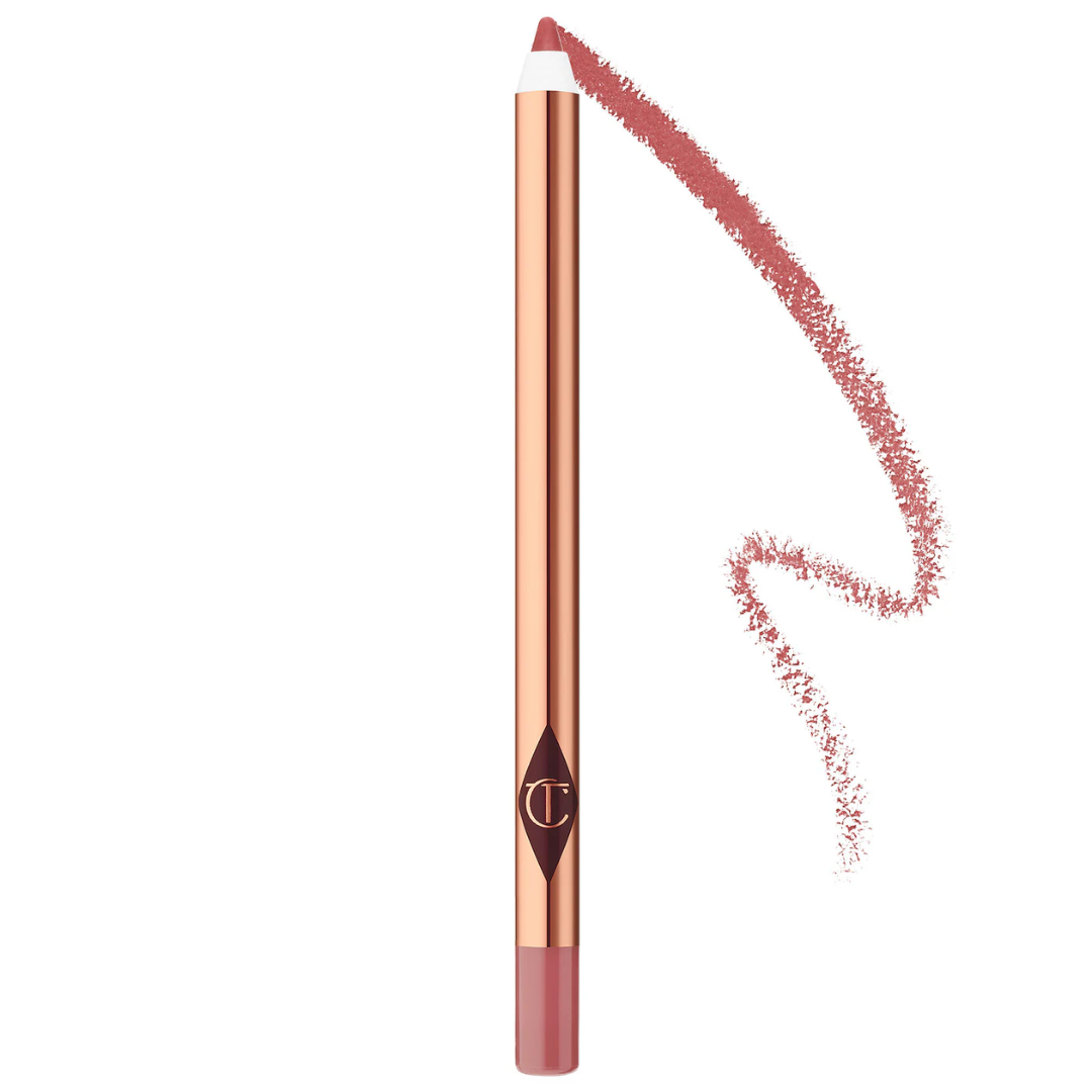 Lip liner pencil with pink color swatch on a white background
