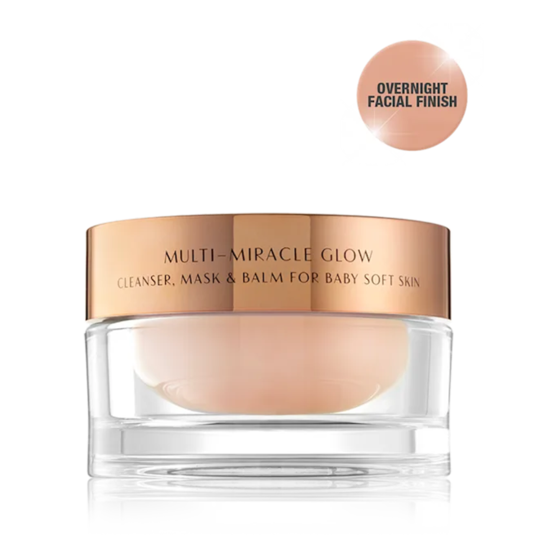 Cosmetic jar labeled 'Multi-Miracle Glow' with a beige finish on a white background