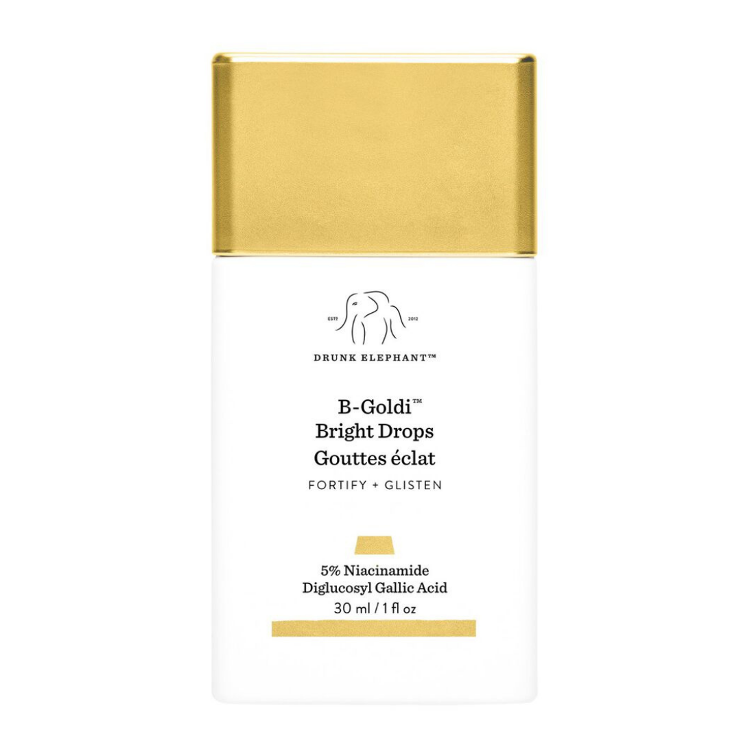 Drunk Elephant B-Goldi Bright Drops packaging with gold cap and white label.