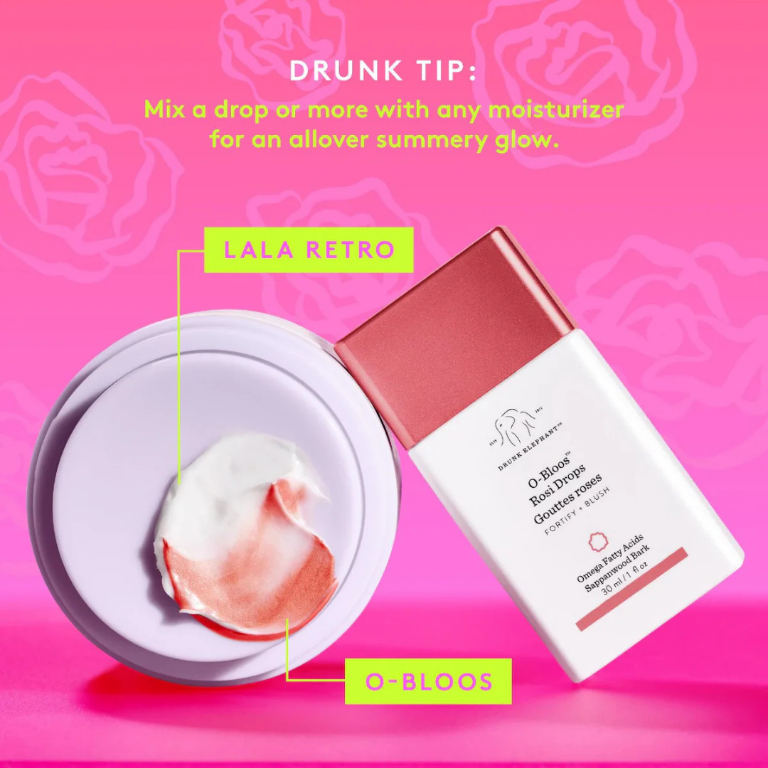 O-Bloos skincare product with pink background and text overlay