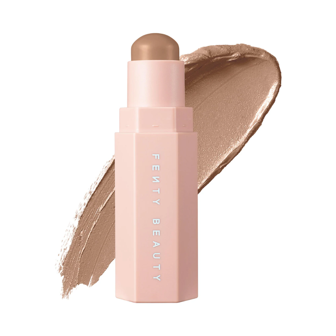 Fenty Beauty stick with beige shade and swatch on white background