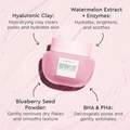 Pink facial product with labeled ingredients on a pink background
