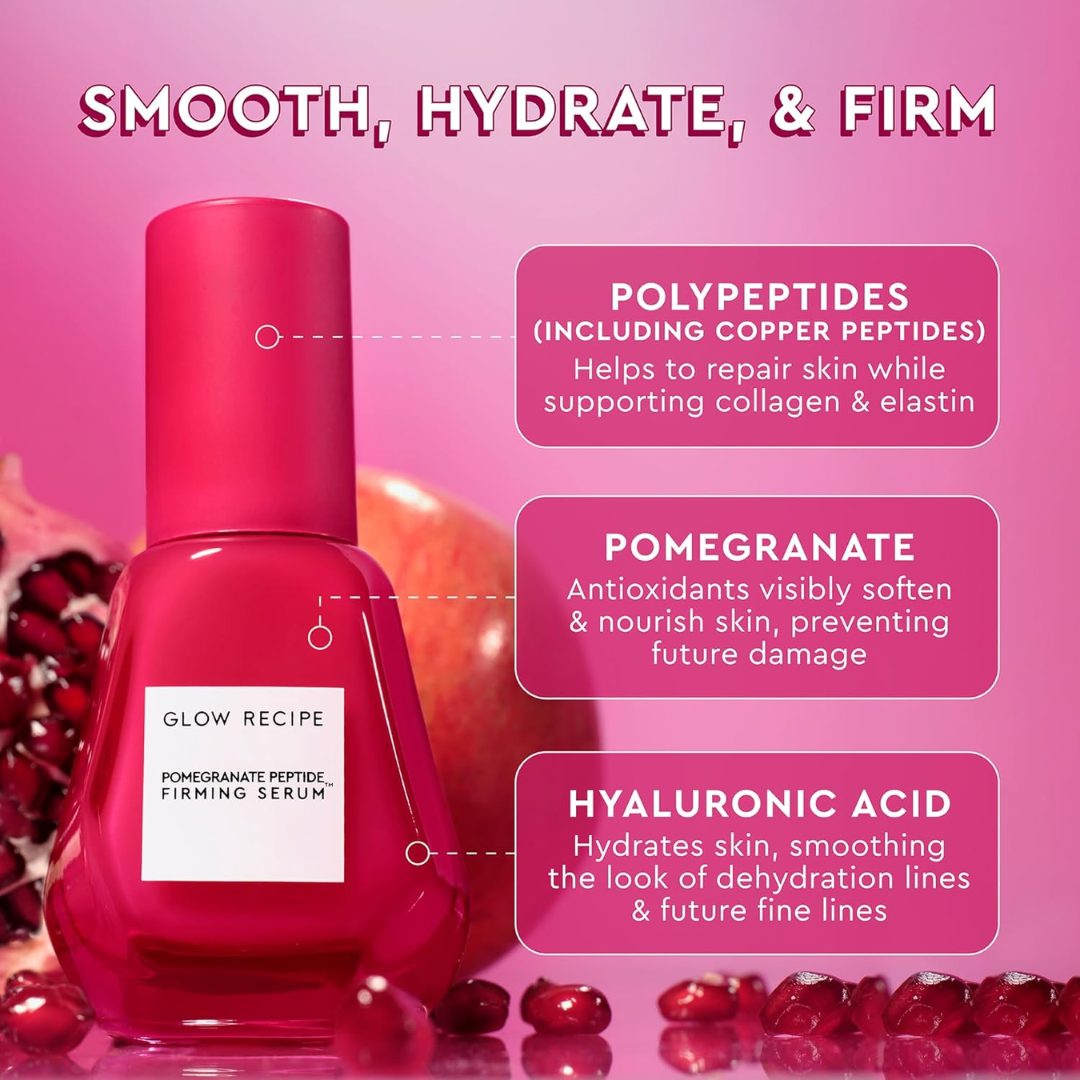 Glow Recipe Pomegranate Peptide Firming Serum with product details on a pink background