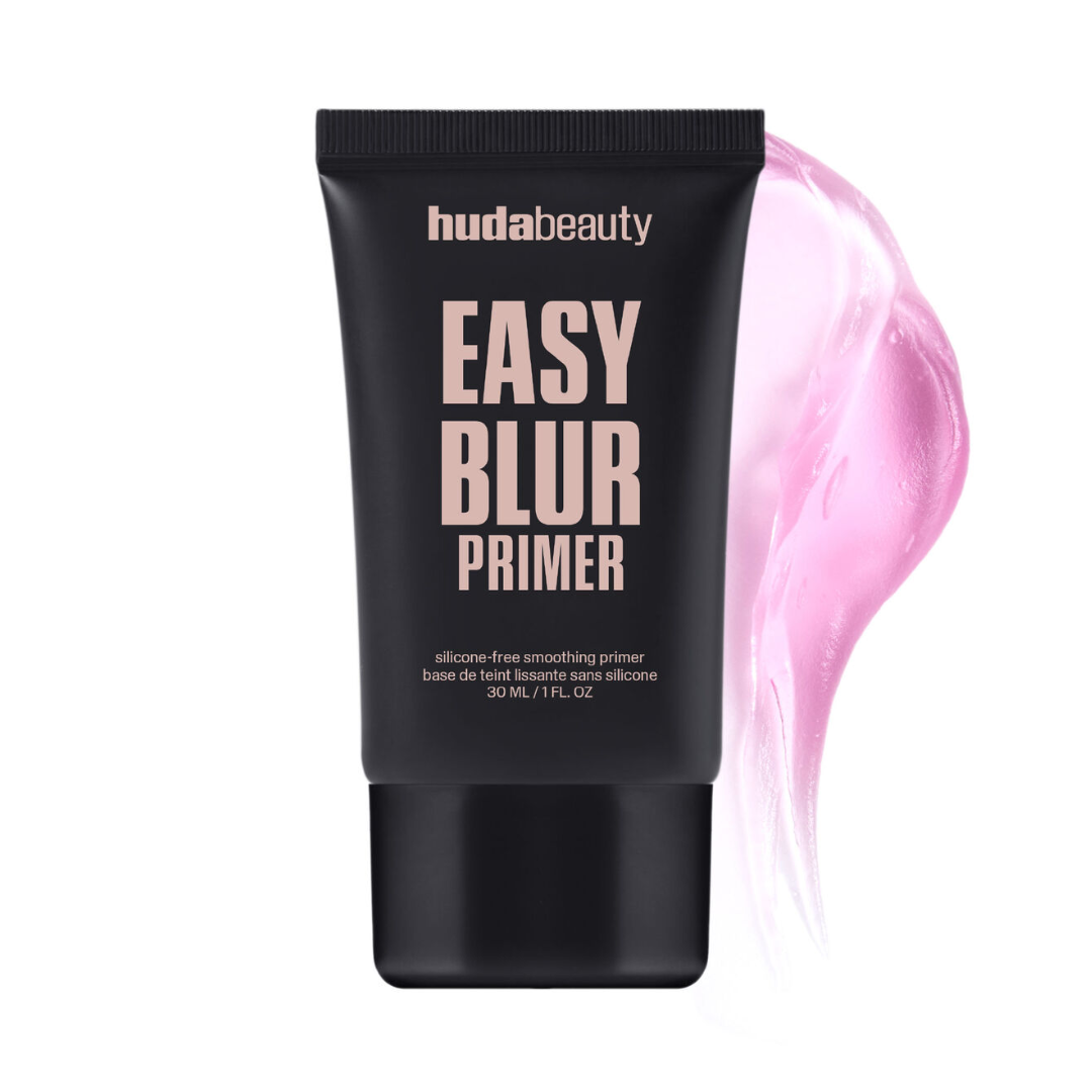 Huda Beauty Easy Blur Primer tube with pink primer swatch on a white background