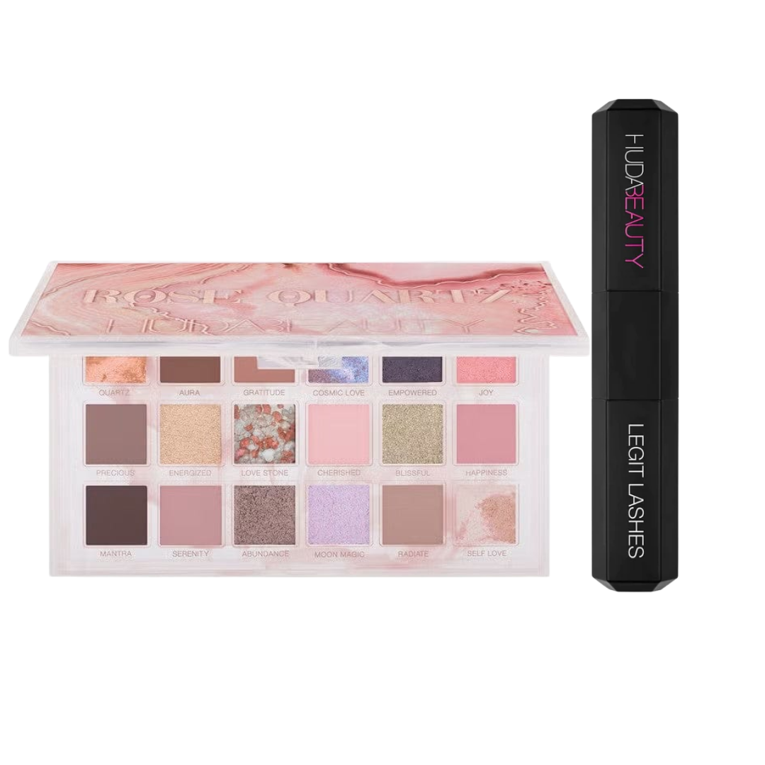 Rose Quartz Eyeshadow palette with various shades and a 'Huda Beauty' mascara on a white background