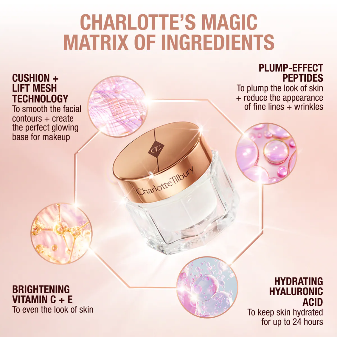 Charlotte Tilbury cream jar with ingredients listed on a pink background