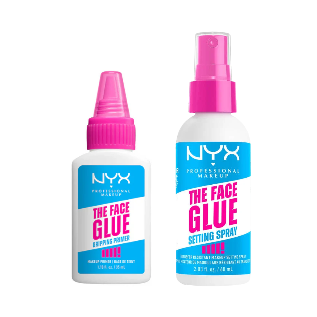 Two NYX makeup products, the face glue primer and the face glue setting spray, on a white background.