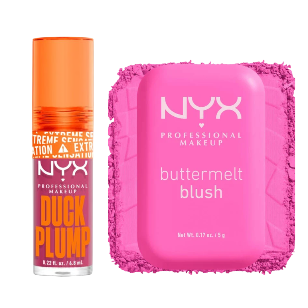 NYX Duck Plump lip product and NYX Buttermelt blush on a white background