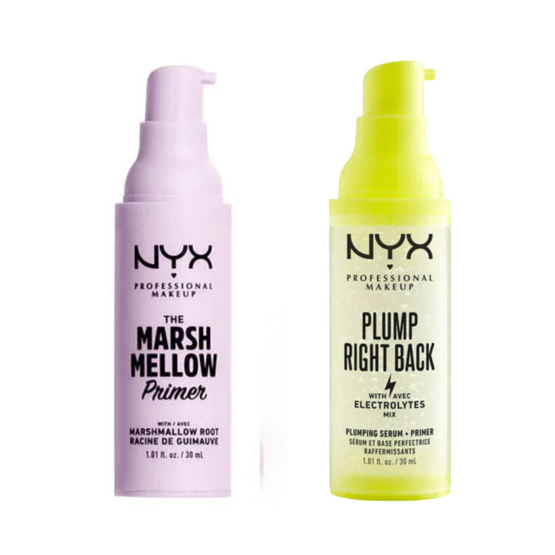 Two NYX makeup products, 'The Marsh Mellow Primer' and 'Plump Right Back', on a white background.