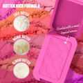 Pink silicone mold with butter-rich formula ingredients on a colorful background