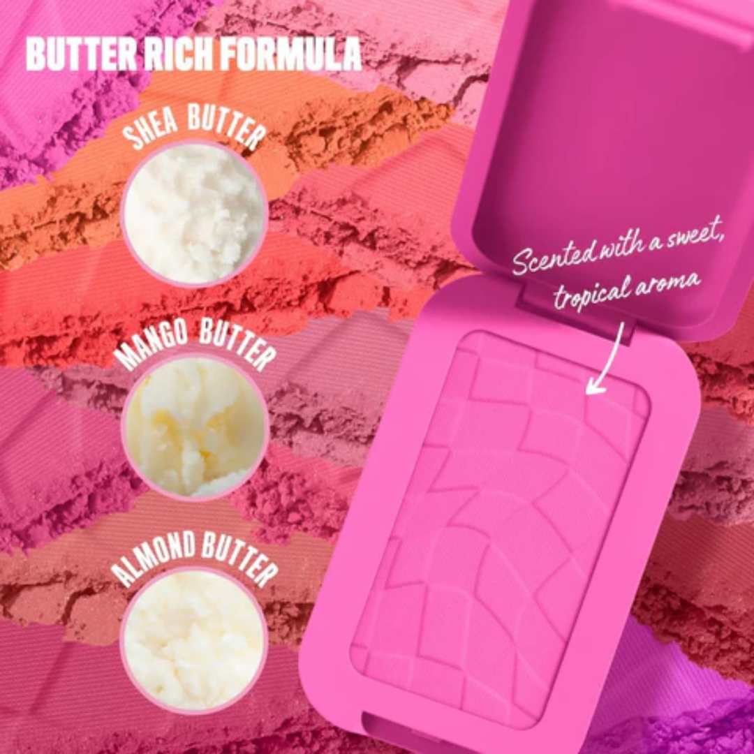 Pink silicone mold with butter-rich formula ingredients on a colorful background