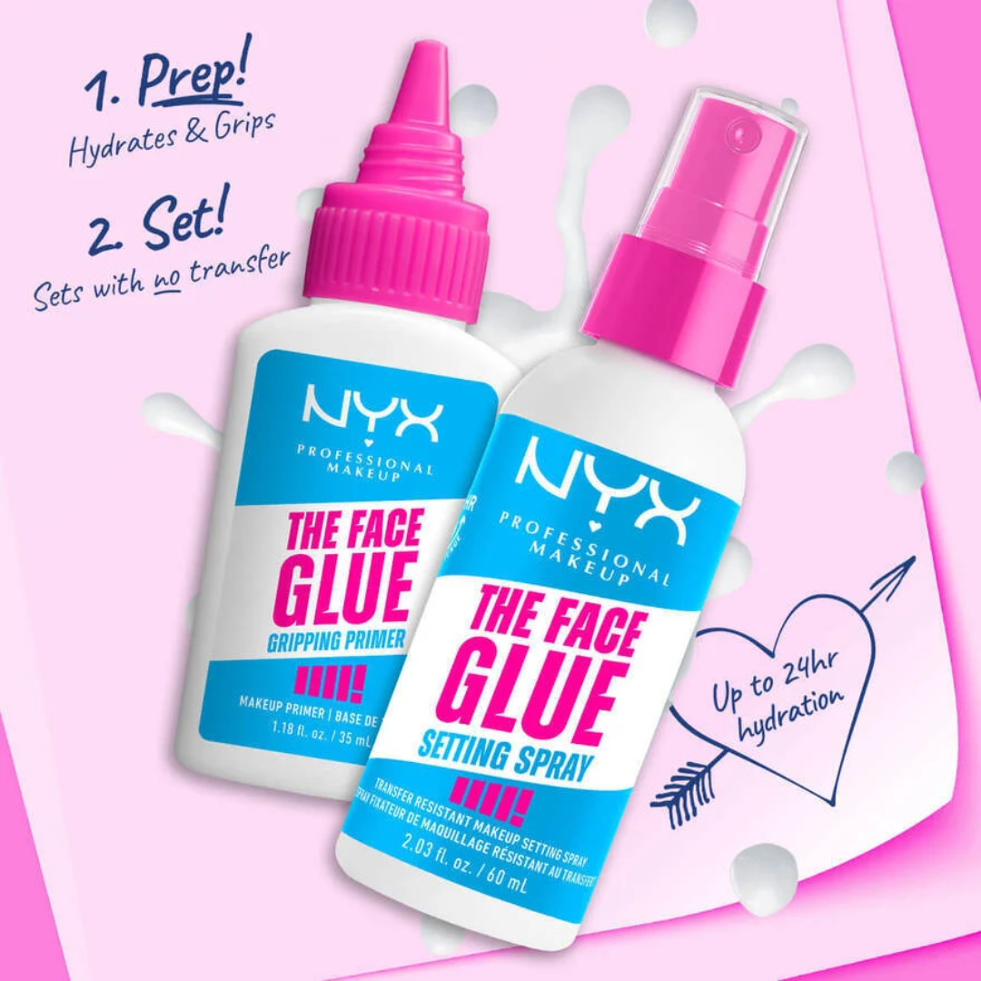 NYX Professional Makeup The Face Glue Gripping Primer and Setting Spray on a pink background