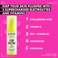 NYX Plump Right Back serum with ingredients listed on a pink background