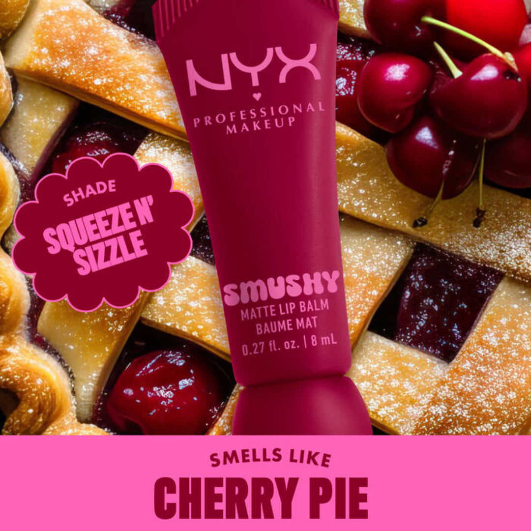NYX Professional Makeup Smushy Matte Lip Balm on a cherry pie-themed background
