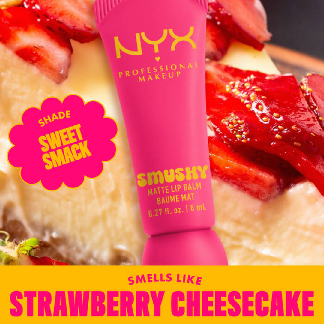 NYX Professional Makeup lip balm with strawberry cheesecake flavor on a background of strawberries and cheesecake.