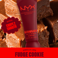 NYX Smushy Matte Lip Balm with fudge cookie flavor on a brownie background