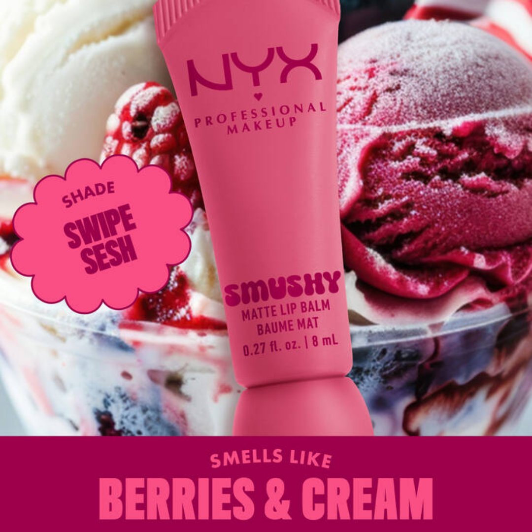 NYX Professional Makeup lip balm with ice cream and berry background